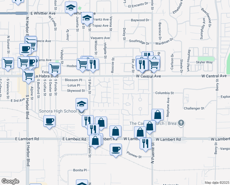 map of restaurants, bars, coffee shops, grocery stores, and more near 668 Roscoe Street in Brea