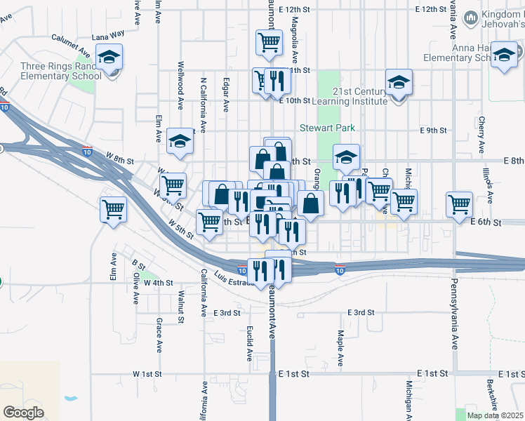map of restaurants, bars, coffee shops, grocery stores, and more near 641 Beaumont Avenue in Beaumont