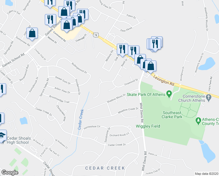 map of restaurants, bars, coffee shops, grocery stores, and more near 158 Langford Court in Athens