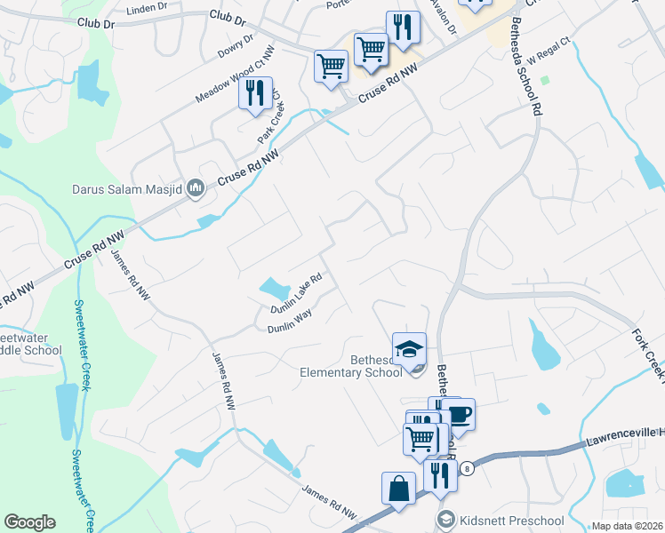 map of restaurants, bars, coffee shops, grocery stores, and more near 775 Dunlin Farms Court in Lawrenceville