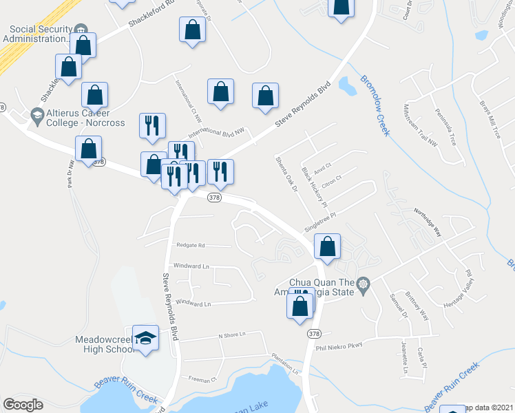 map of restaurants, bars, coffee shops, grocery stores, and more near 1408 Beaver Ruin Road Northwest in Norcross