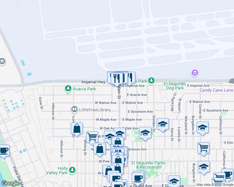 map of restaurants, bars, coffee shops, grocery stores, and more near 935 Main Street in El Segundo