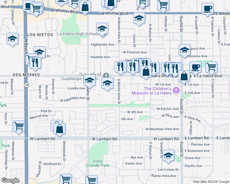 map of restaurants, bars, coffee shops, grocery stores, and more near 291 South Monte Vista Street in La Habra