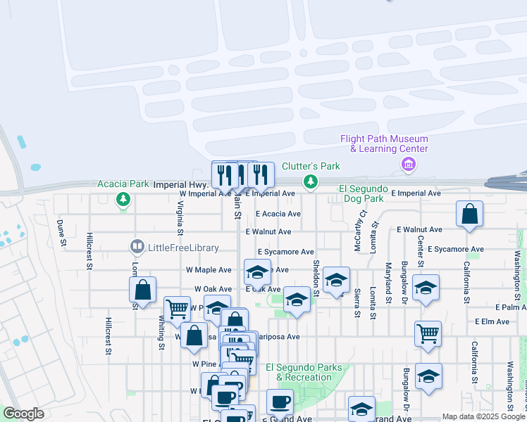 map of restaurants, bars, coffee shops, grocery stores, and more near 209 East Acacia Avenue in El Segundo