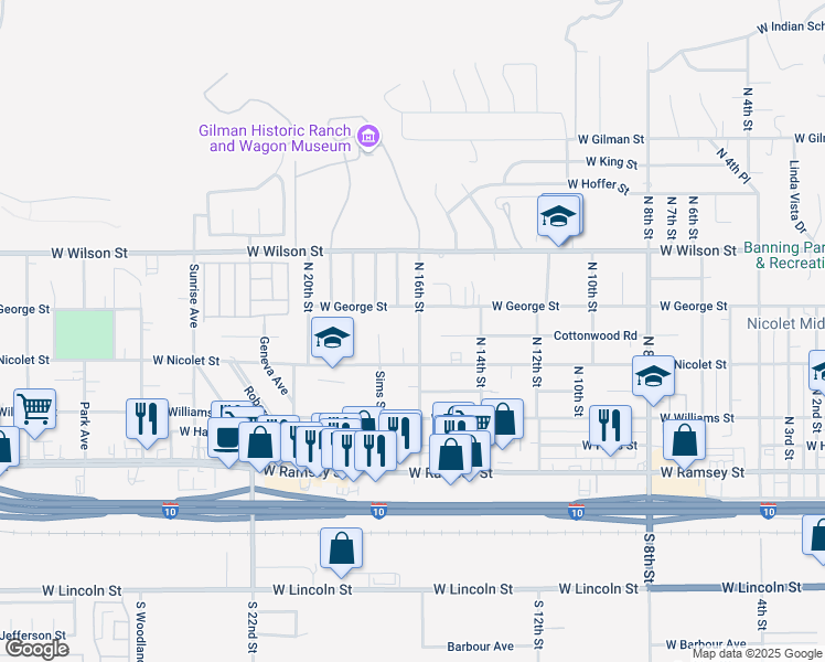 map of restaurants, bars, coffee shops, grocery stores, and more near 545 North 16th Street in Banning
