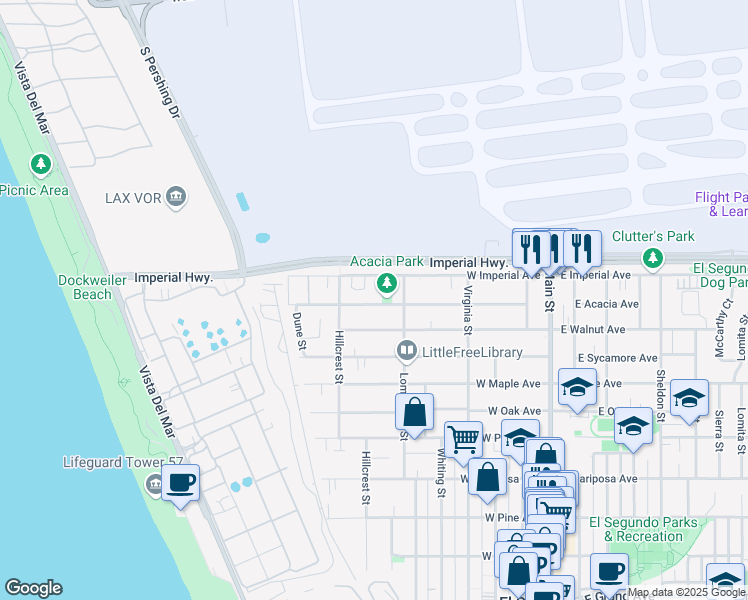 map of restaurants, bars, coffee shops, grocery stores, and more near 635 West Acacia Avenue in El Segundo