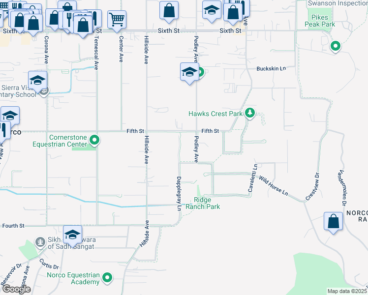 map of restaurants, bars, coffee shops, grocery stores, and more near 3309 Dapplegray Lane in Norco