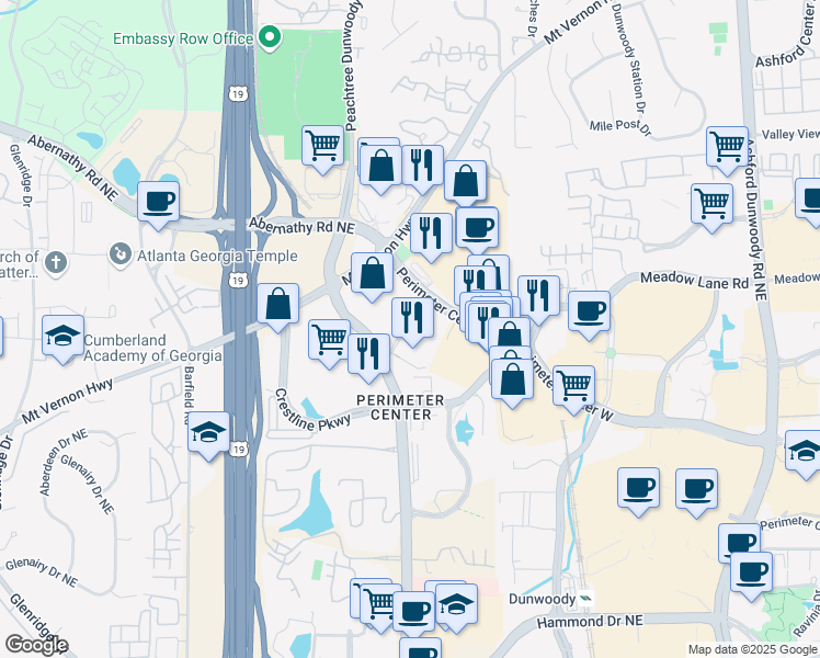 map of restaurants, bars, coffee shops, grocery stores, and more near 1155 Perimeter Center West in Atlanta