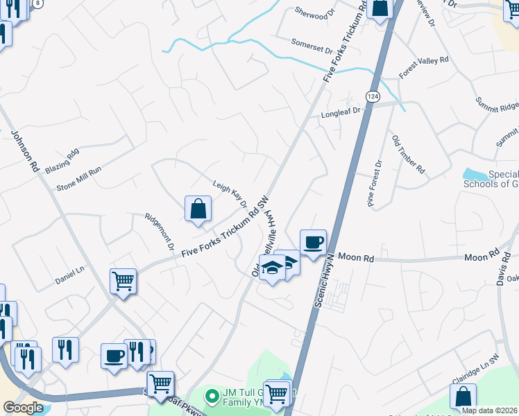 map of restaurants, bars, coffee shops, grocery stores, and more near 667 Five Forks Trickum Road Southwest in Lawrenceville