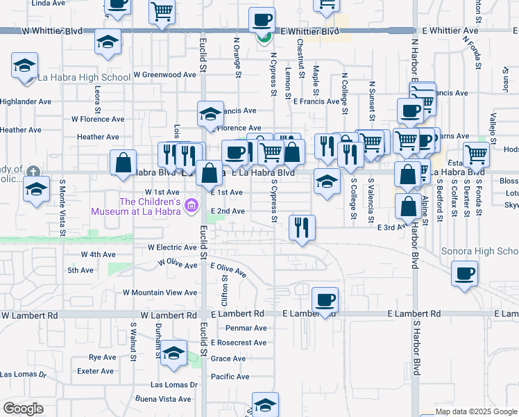 map of restaurants, bars, coffee shops, grocery stores, and more near 325 East 2nd Avenue in La Habra