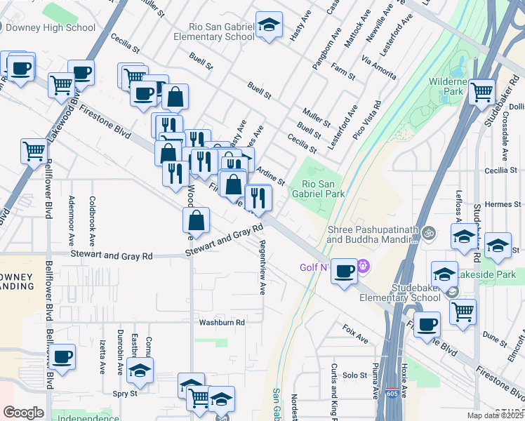 map of restaurants, bars, coffee shops, grocery stores, and more near 9550 Firestone Boulevard in Downey