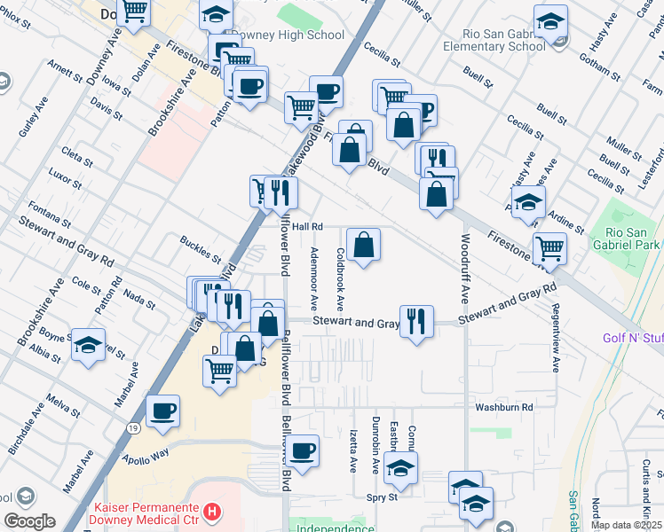 map of restaurants, bars, coffee shops, grocery stores, and more near 11656 Adenmoor Avenue in Downey