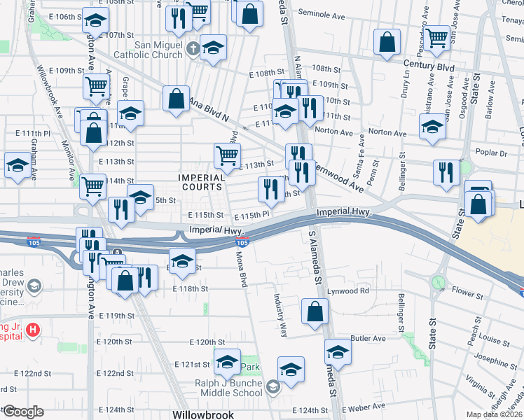 map of restaurants, bars, coffee shops, grocery stores, and more near 2447 East 115th Place in Los Angeles