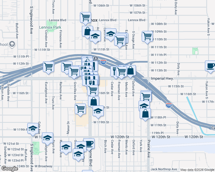 map of restaurants, bars, coffee shops, grocery stores, and more near 11440 Birch Avenue in Hawthorne