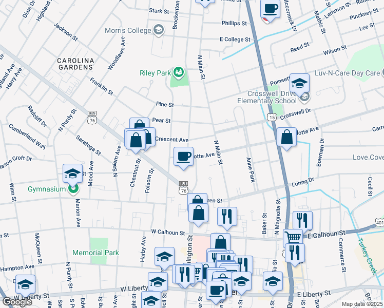 map of restaurants, bars, coffee shops, grocery stores, and more near 29 West Charlotte Avenue in Sumter