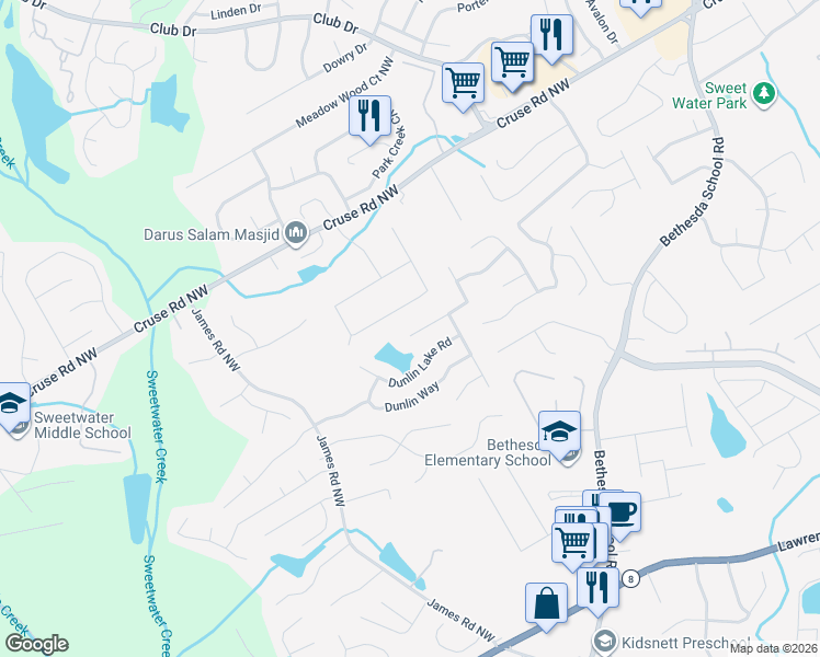 map of restaurants, bars, coffee shops, grocery stores, and more near 3070 Dunlin Lake Way in Lawrenceville