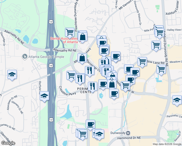 map of restaurants, bars, coffee shops, grocery stores, and more near 1155 Perimeter Center West in Sandy Springs