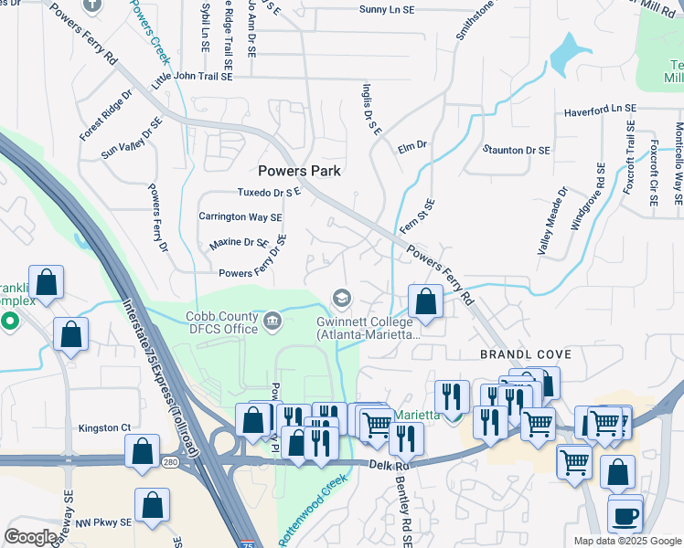 map of restaurants, bars, coffee shops, grocery stores, and more near 2249 Runnymead Ridge Southeast in Marietta
