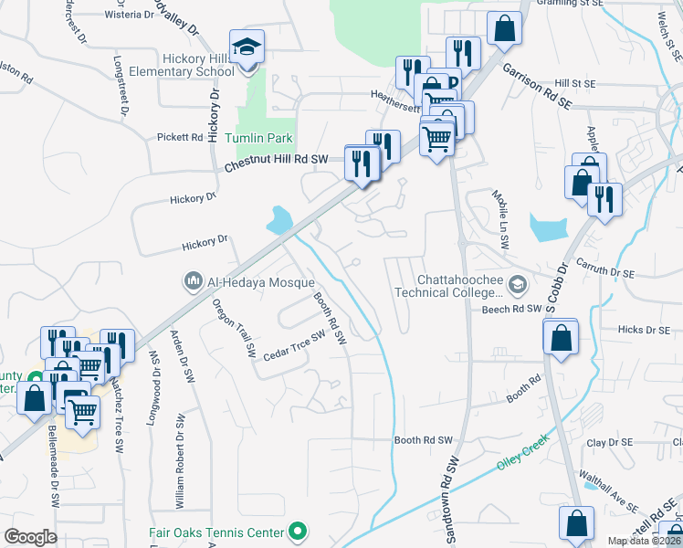 map of restaurants, bars, coffee shops, grocery stores, and more near 1064 Brownstone Drive Southwest in Marietta