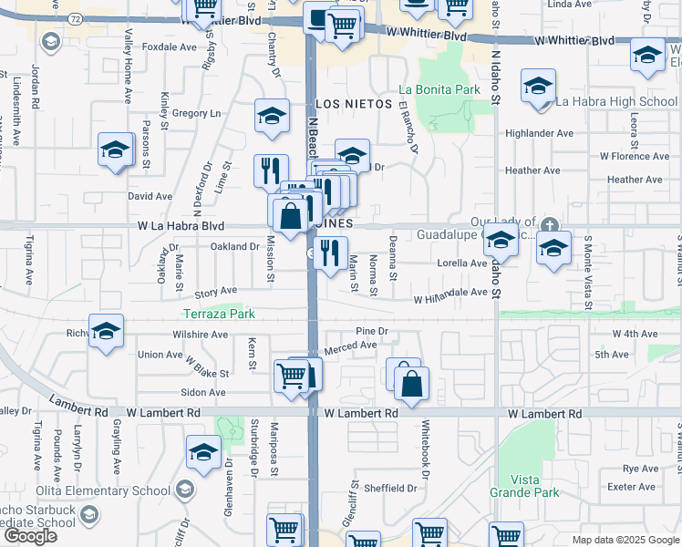 map of restaurants, bars, coffee shops, grocery stores, and more near 1820 San Jose Avenue in La Habra