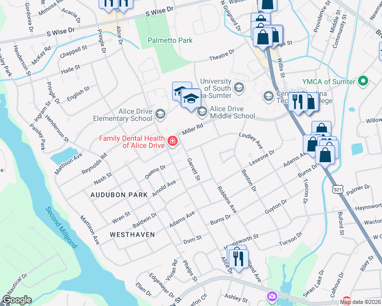 map of restaurants, bars, coffee shops, grocery stores, and more near 133 Garrett Street in Sumter