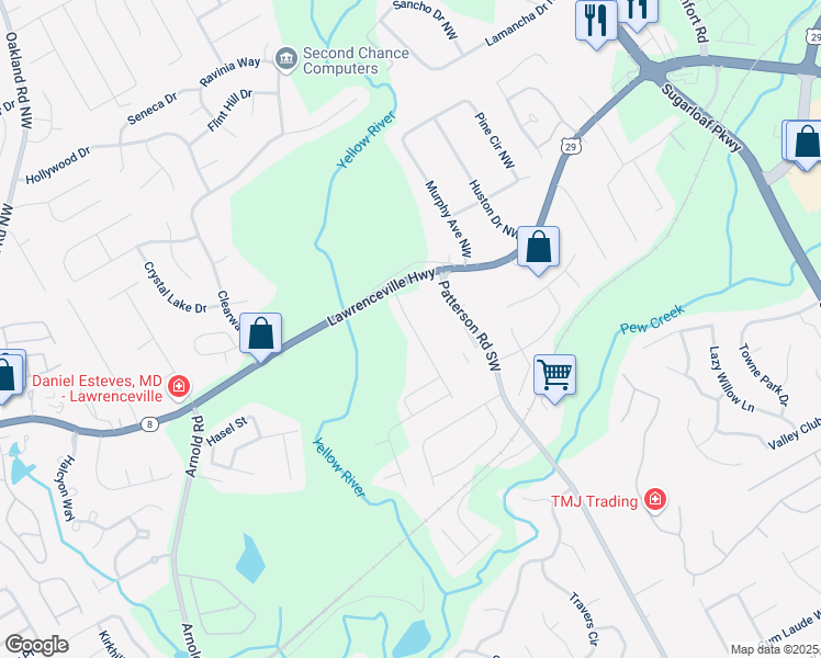 map of restaurants, bars, coffee shops, grocery stores, and more near 362 Braemore Mill Drive in Lawrenceville