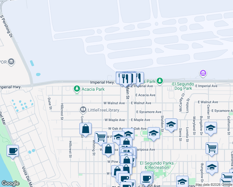 map of restaurants, bars, coffee shops, grocery stores, and more near 209 West Acacia Avenue in El Segundo
