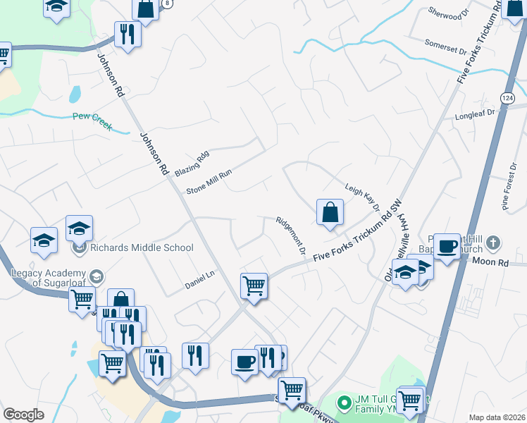 map of restaurants, bars, coffee shops, grocery stores, and more near 374 Ridgemont Drive in Lawrenceville