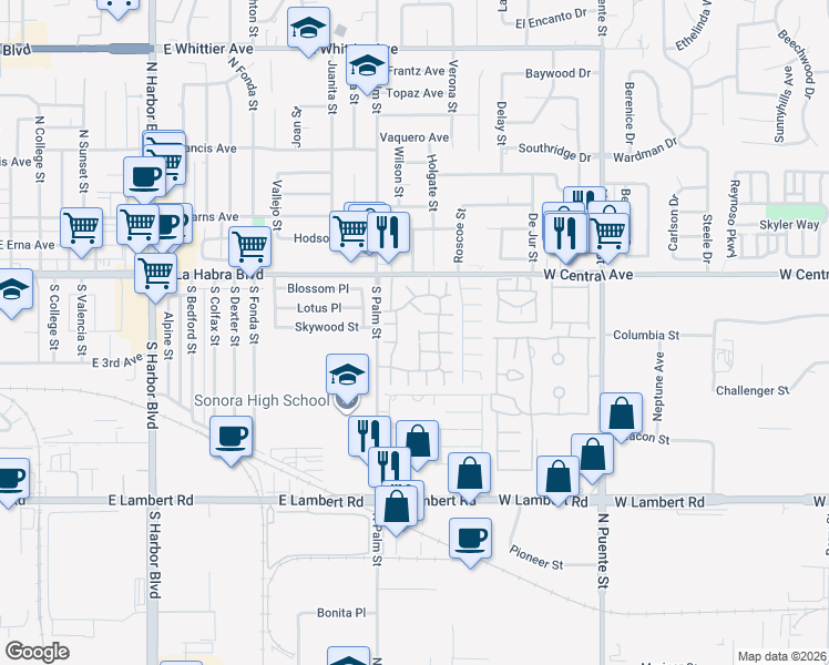 map of restaurants, bars, coffee shops, grocery stores, and more near 641 Charwood Court in Brea