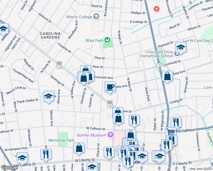 map of restaurants, bars, coffee shops, grocery stores, and more near 41 West Charlotte Avenue in Sumter