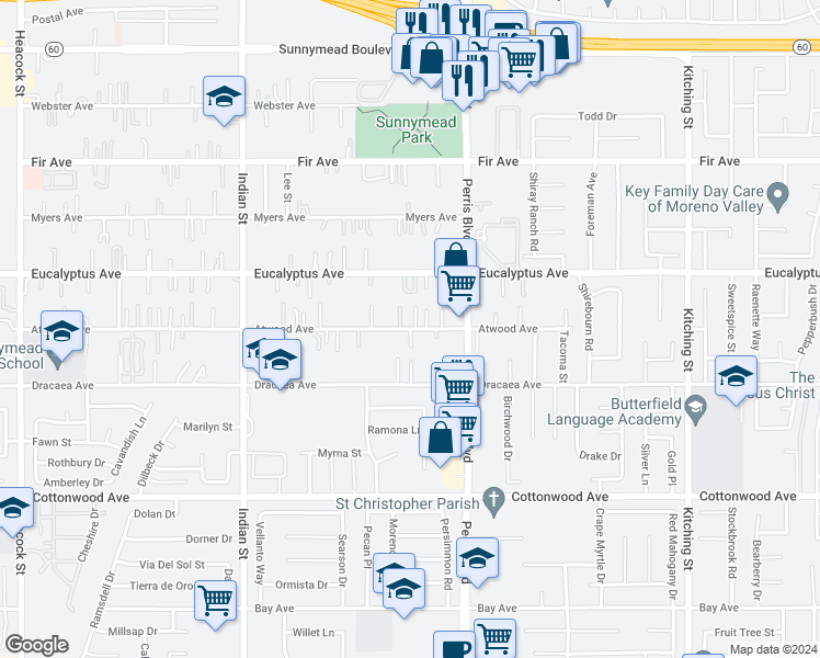 map of restaurants, bars, coffee shops, grocery stores, and more near 24875 Atwood Avenue in Moreno Valley