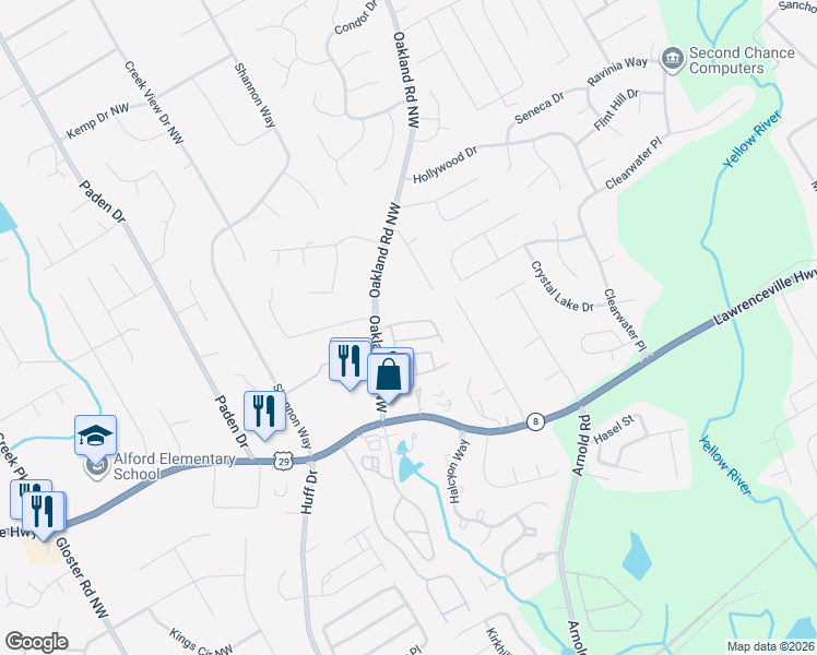 map of restaurants, bars, coffee shops, grocery stores, and more near 2274 Oakland Downs Way in Lawrenceville