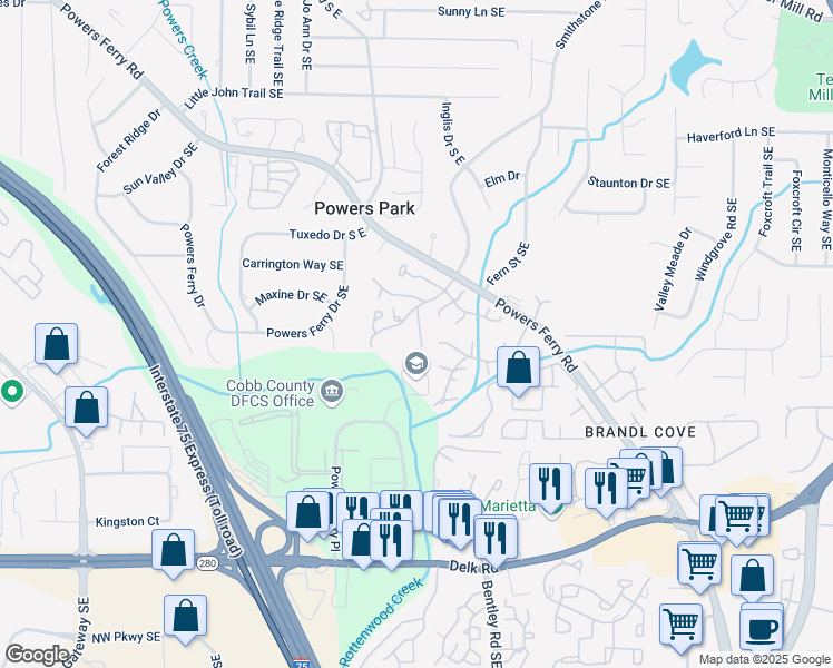 map of restaurants, bars, coffee shops, grocery stores, and more near 2249 Runnymead Ridge Southeast in Marietta
