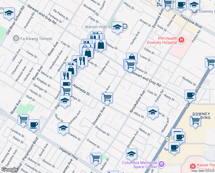 map of restaurants, bars, coffee shops, grocery stores, and more near 12059 Gurley Avenue in Downey