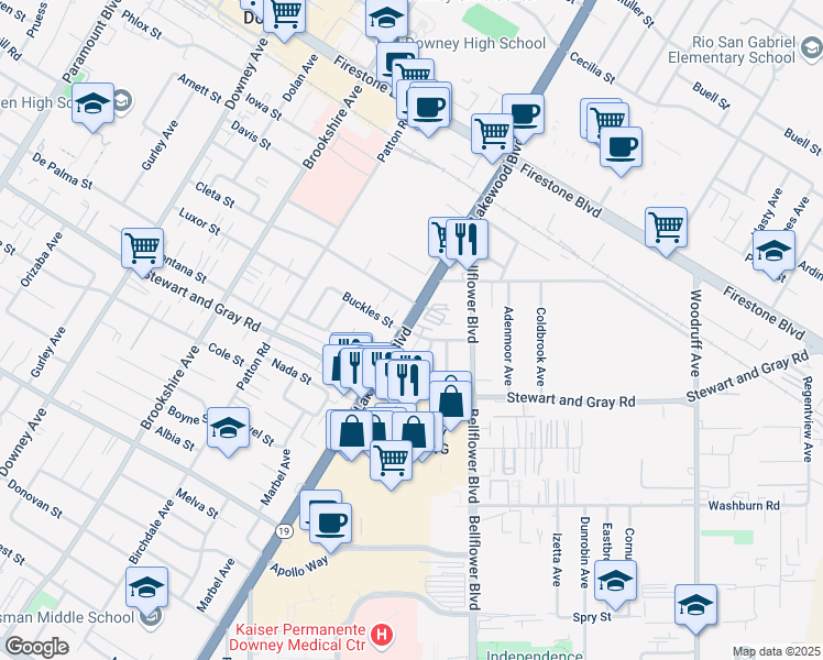 map of restaurants, bars, coffee shops, grocery stores, and more near 9000 Buckles Street in Downey