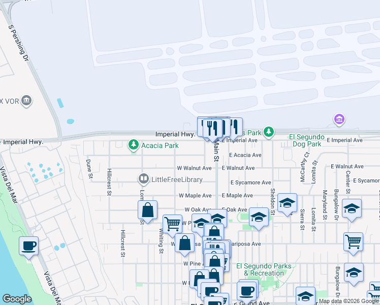 map of restaurants, bars, coffee shops, grocery stores, and more near 219 West Acacia Avenue in El Segundo
