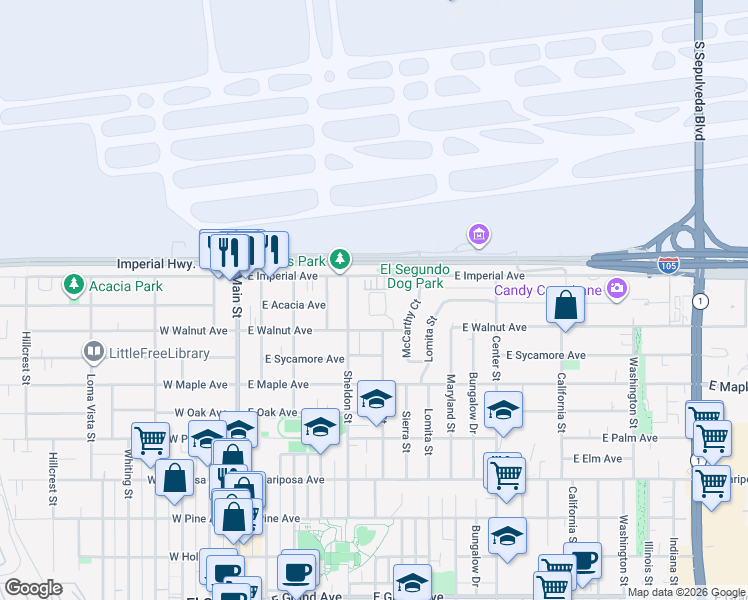 map of restaurants, bars, coffee shops, grocery stores, and more near 926 Fairing Place in El Segundo