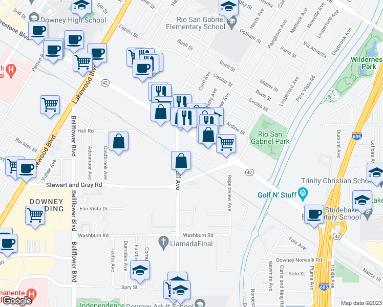map of restaurants, bars, coffee shops, grocery stores, and more near 9438 Nance Street in Downey