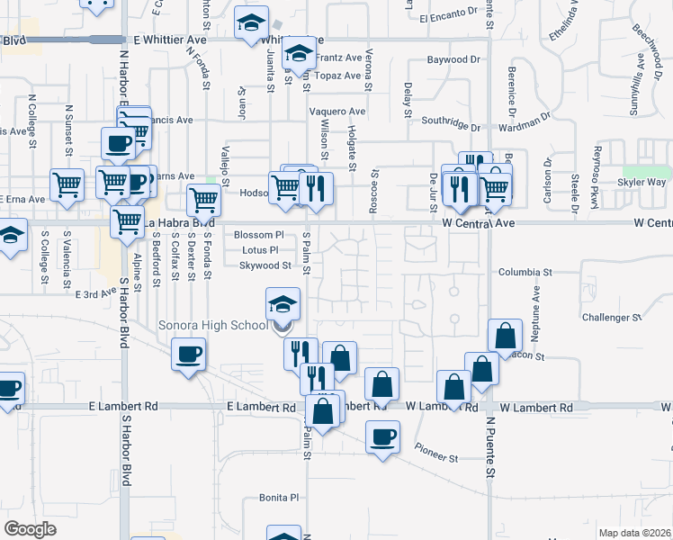 map of restaurants, bars, coffee shops, grocery stores, and more near 641 Charwood Court in Brea