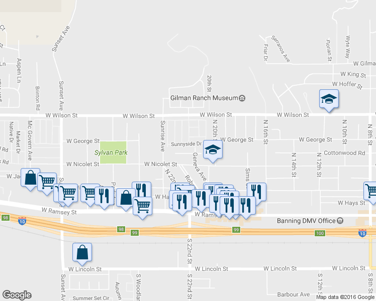 map of restaurants, bars, coffee shops, grocery stores, and more near 2207 Cottonwood Rd in Banning