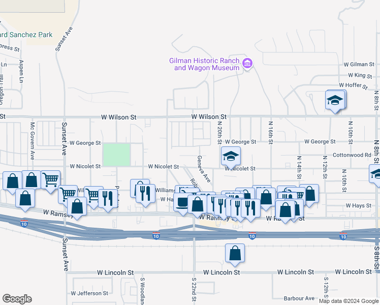 map of restaurants, bars, coffee shops, grocery stores, and more near 2223 Cottonwood Road in Banning