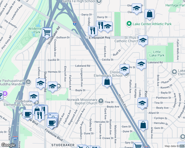 map of restaurants, bars, coffee shops, grocery stores, and more near 11302 Orr and Day Road in Norwalk