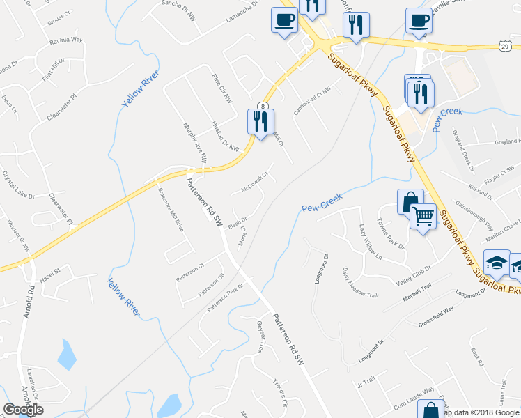 map of restaurants, bars, coffee shops, grocery stores, and more near 1740 Eleah Drive in Lawrenceville