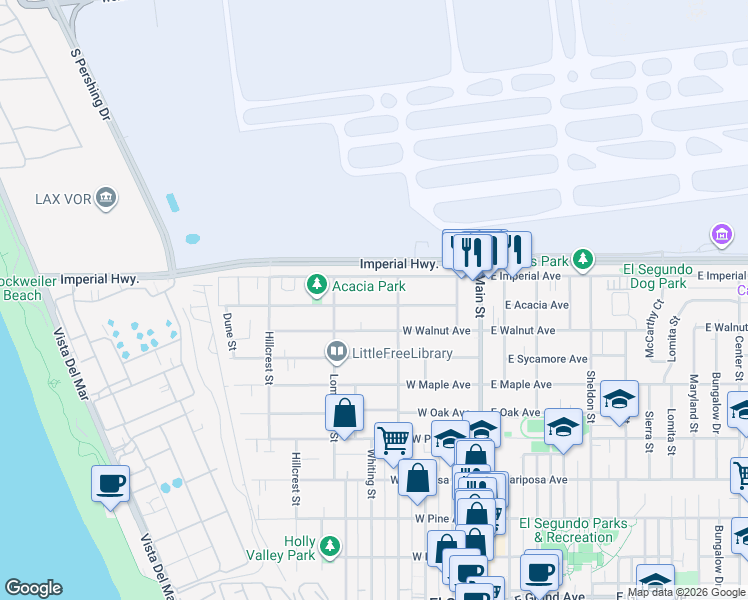 map of restaurants, bars, coffee shops, grocery stores, and more near 431 West Acacia Avenue in El Segundo