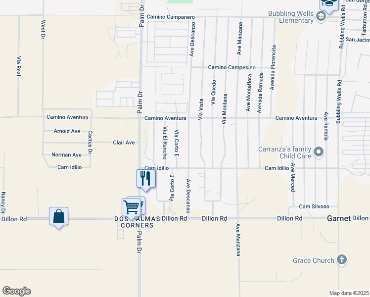 map of restaurants, bars, coffee shops, grocery stores, and more near 16285 Avenue Descanso in Desert Hot Springs