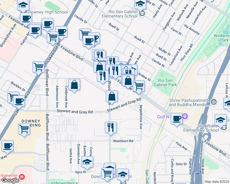 map of restaurants, bars, coffee shops, grocery stores, and more near 9426 Nance Street in Downey