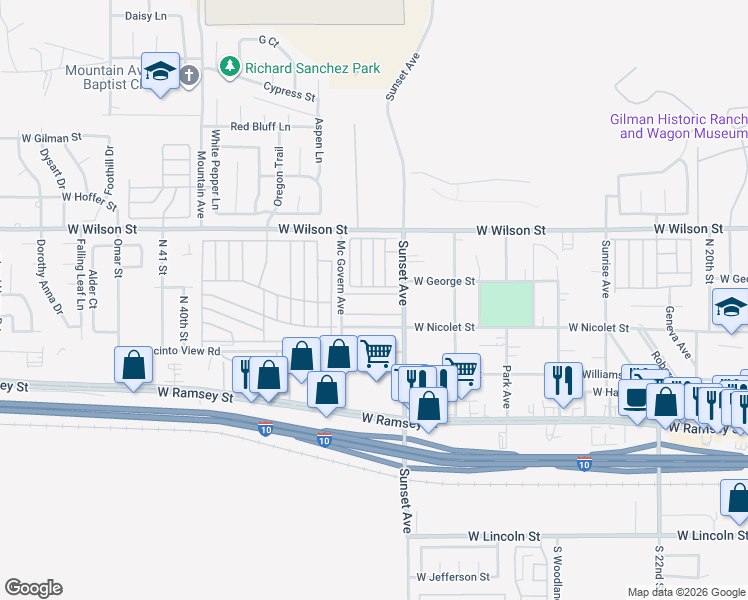 map of restaurants, bars, coffee shops, grocery stores, and more near 3321 Sunset Avenue in Banning