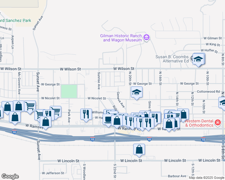 map of restaurants, bars, coffee shops, grocery stores, and more near 2223 Cottonwood Road in Banning