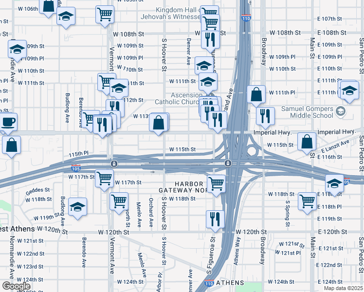 map of restaurants, bars, coffee shops, grocery stores, and more near 617 West 115th Street in Los Angeles