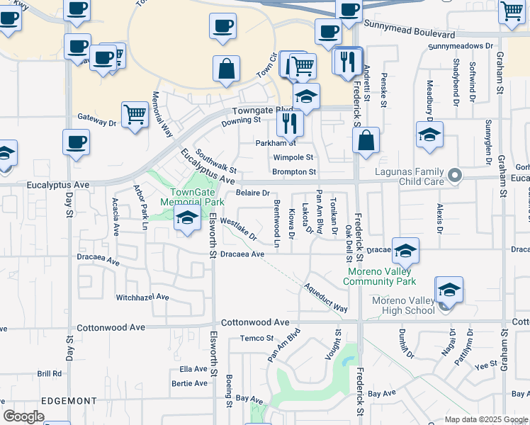 map of restaurants, bars, coffee shops, grocery stores, and more near 22671 Laguna Drive in Moreno Valley